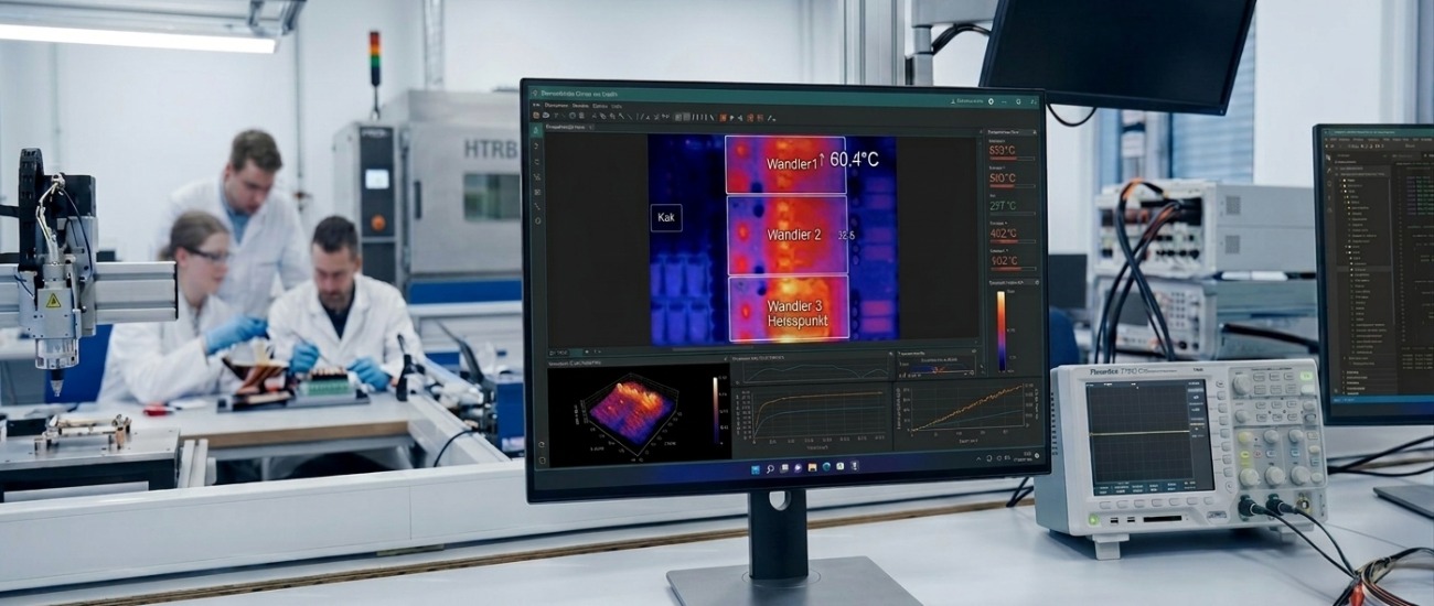 Powerbox engineers evaluating full system thermal stability and heat distribution profiles on a 2026 laboratory testing monitor during a 1000 hour power supply stress validation regimen.