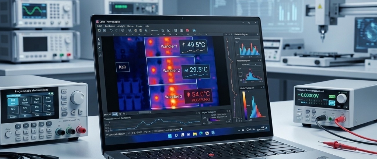 Advanced laboratory testing regimens for power supply validation, featuring thermal imaging heat maps, temperature monitoring, and electronic test equipment in a lab environment.