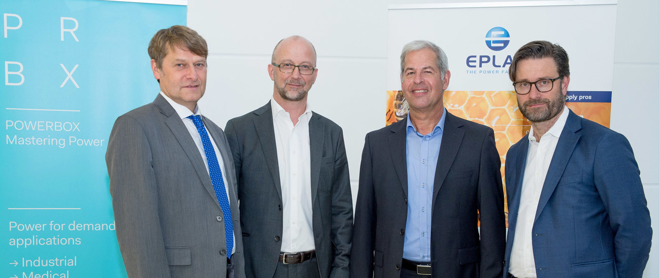 From left to right: Andreas Mielke – Eplax – Co-Managing Director, Martin Sjöstrand – Powerbox C.E.O., Wolfgang Pape – Eplax – Co-Managing Director, Henrik Flygar – Alder / Powerbox – Board Member