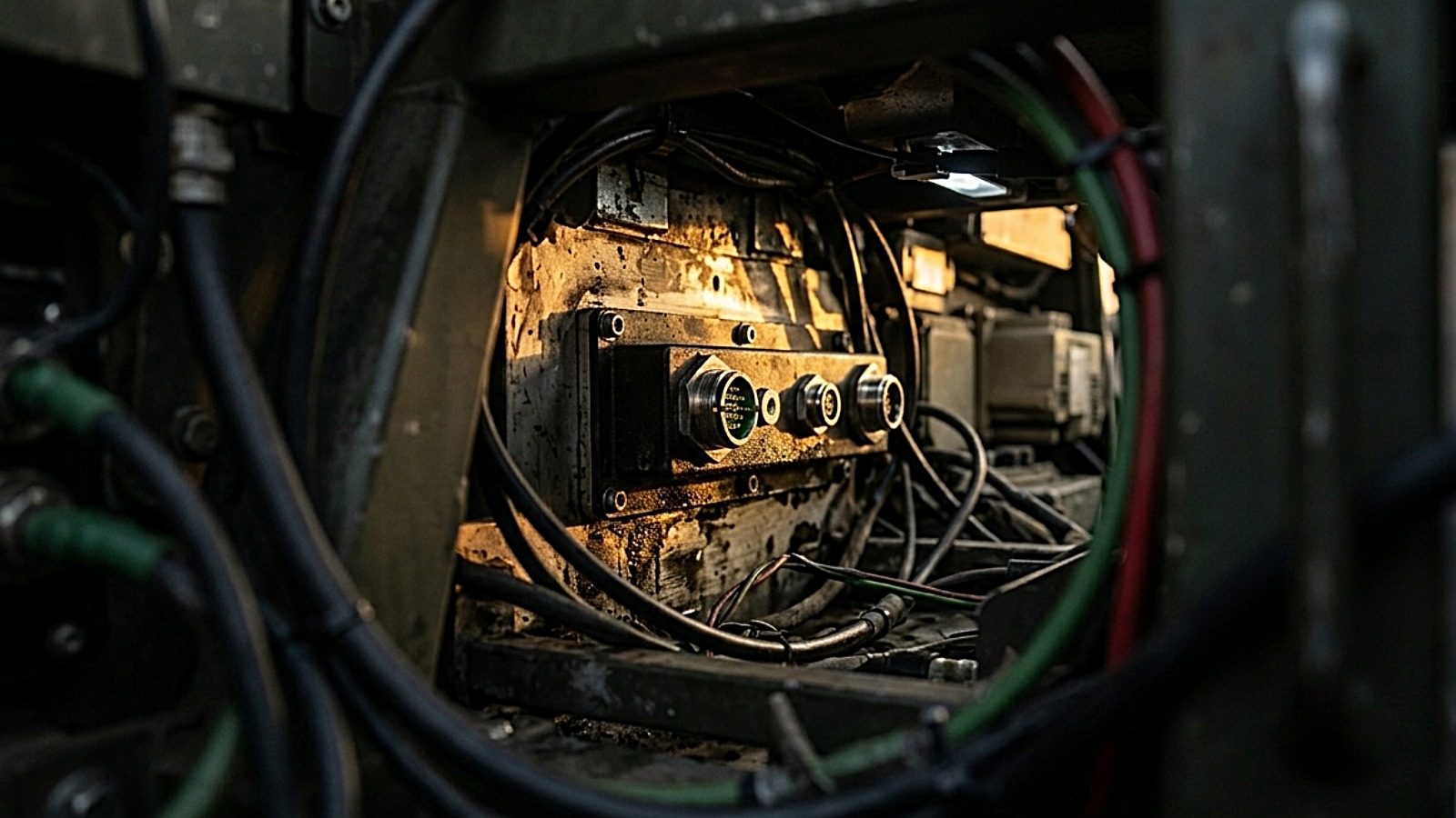 Vehicle-mounted power electronics installed inside a sealed military vehicle electronics compartment.